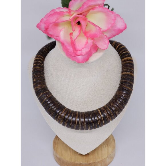 Chunky Graduated Brown Wood Disc Beaded Statement Bohemian Necklace 19" - Picture 7 of 12